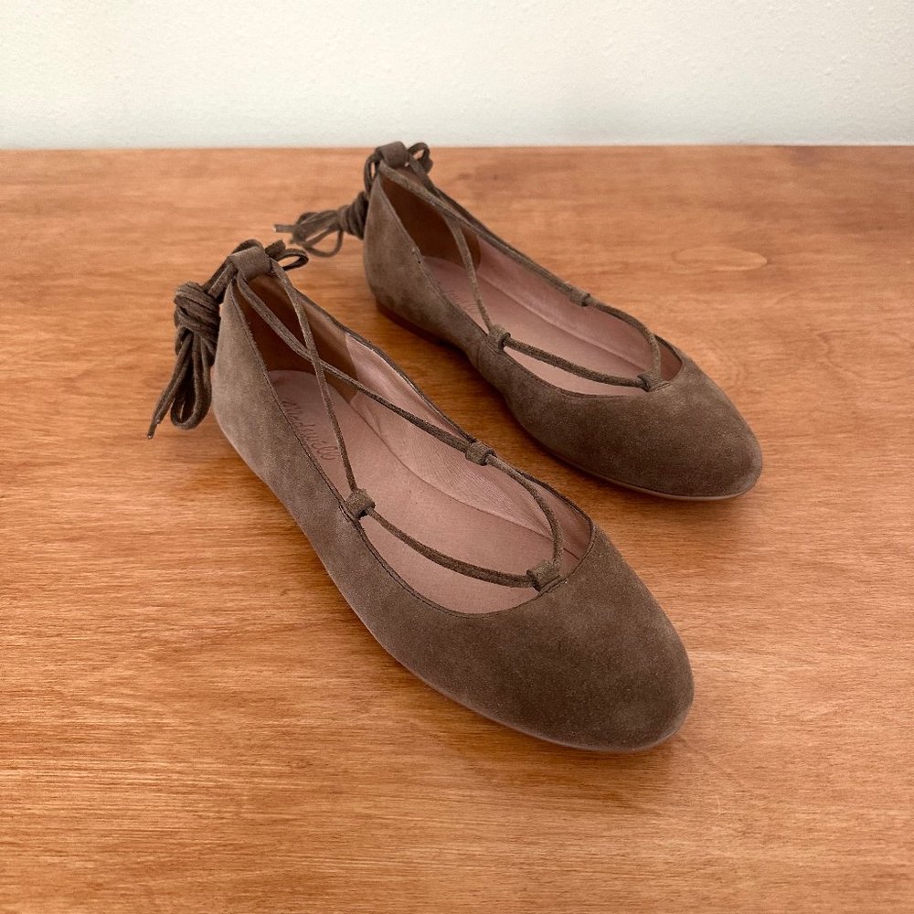 madewell inga lace-up flat • darkest olive suede • sz 9 • $108